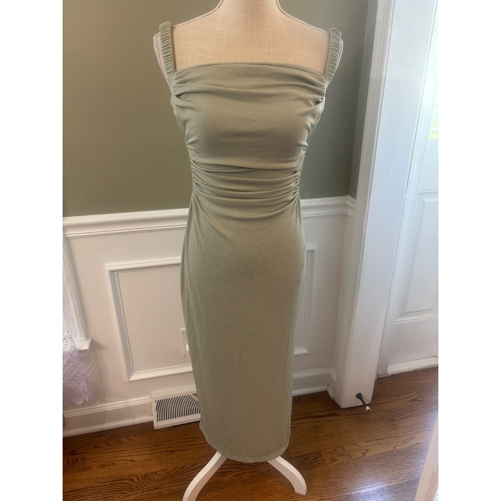 Princess Polly Sage Green Ribbed Ruched Open Back Midi Dress Size US 8